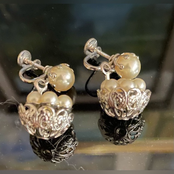 3 for $30 Vintage Silver Tone Filigree Basket Earrings with Faux Pearls - Picture 2 of 9